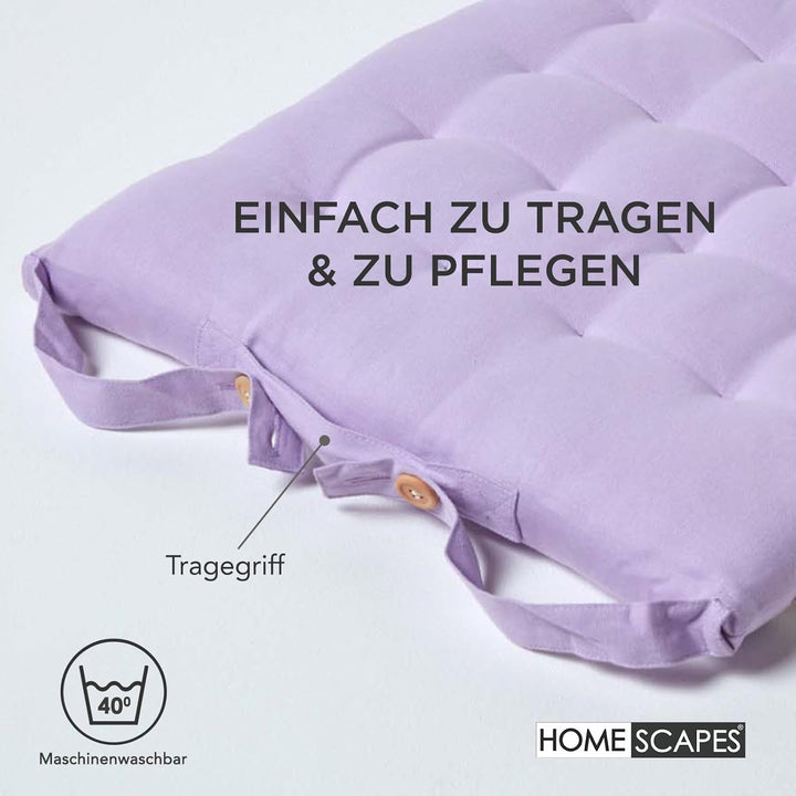 Homescapes 4er Set Stuhlkissen 40 x 40 cm, helles violett, Sitzkissen mit Bändern und Knopfverschlus