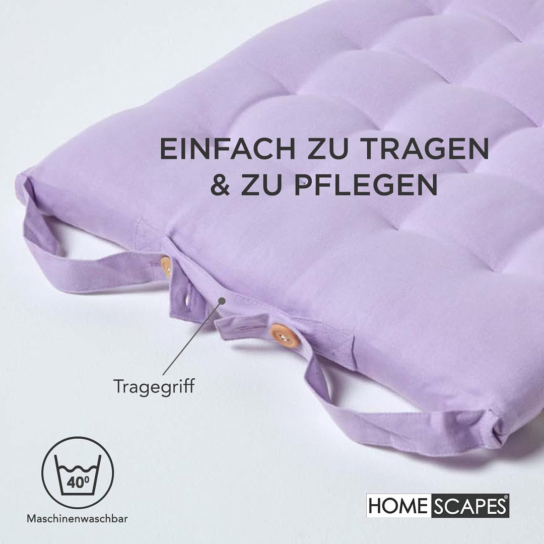 Homescapes 6er Set Stuhlkissen 40 x 40 cm, helles violett, Sitzkissen mit Bändern und Knopfverschlus