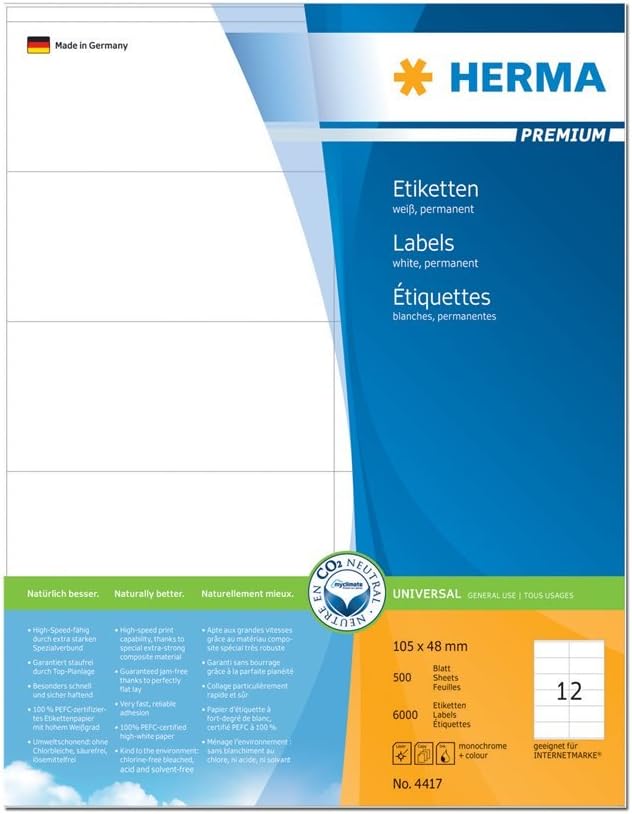HERMA 4417 Universal Etiketten, 500 Blatt, 105 x 48 mm, 12 Stück pro A4 Bogen, 6000 Aufkleber, selbs