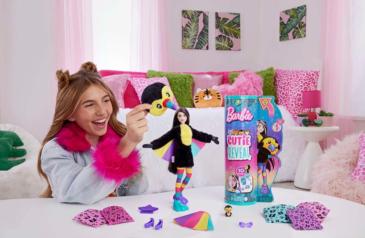 Barbie Cutie Reveal, bewegliche Tukan-Accessoires, 10 Überraschungen, Tierspielzeug, Farbwechseleffe