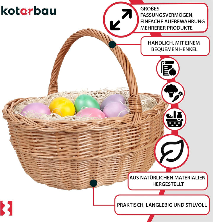 KOTARBAU® Weidenkorb Osterkorb mit Henkel Rund Natural 33x26,5x29 cm Osterkörbchen Weidenkorb mit He