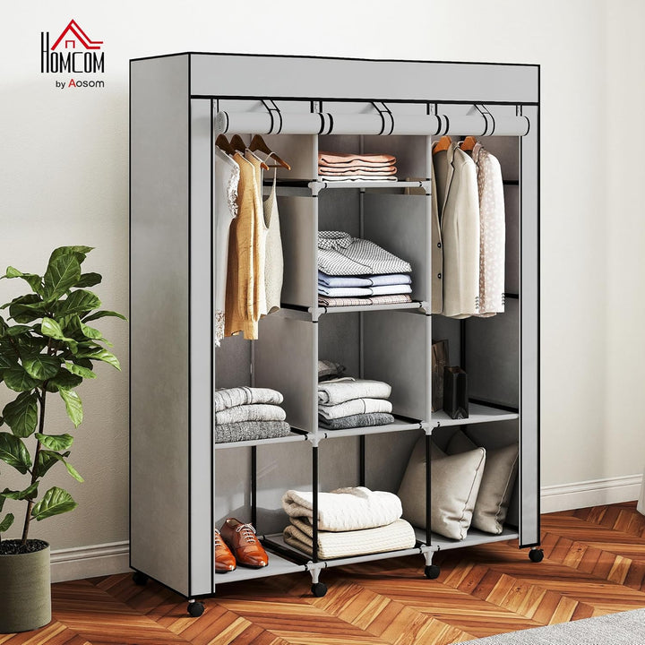 HOMCOM Stoffschrank, Kleiderschrank mit Rolle, Kleiderstangen, 8 Ebenen, Faltschrank, Faltbare Garde