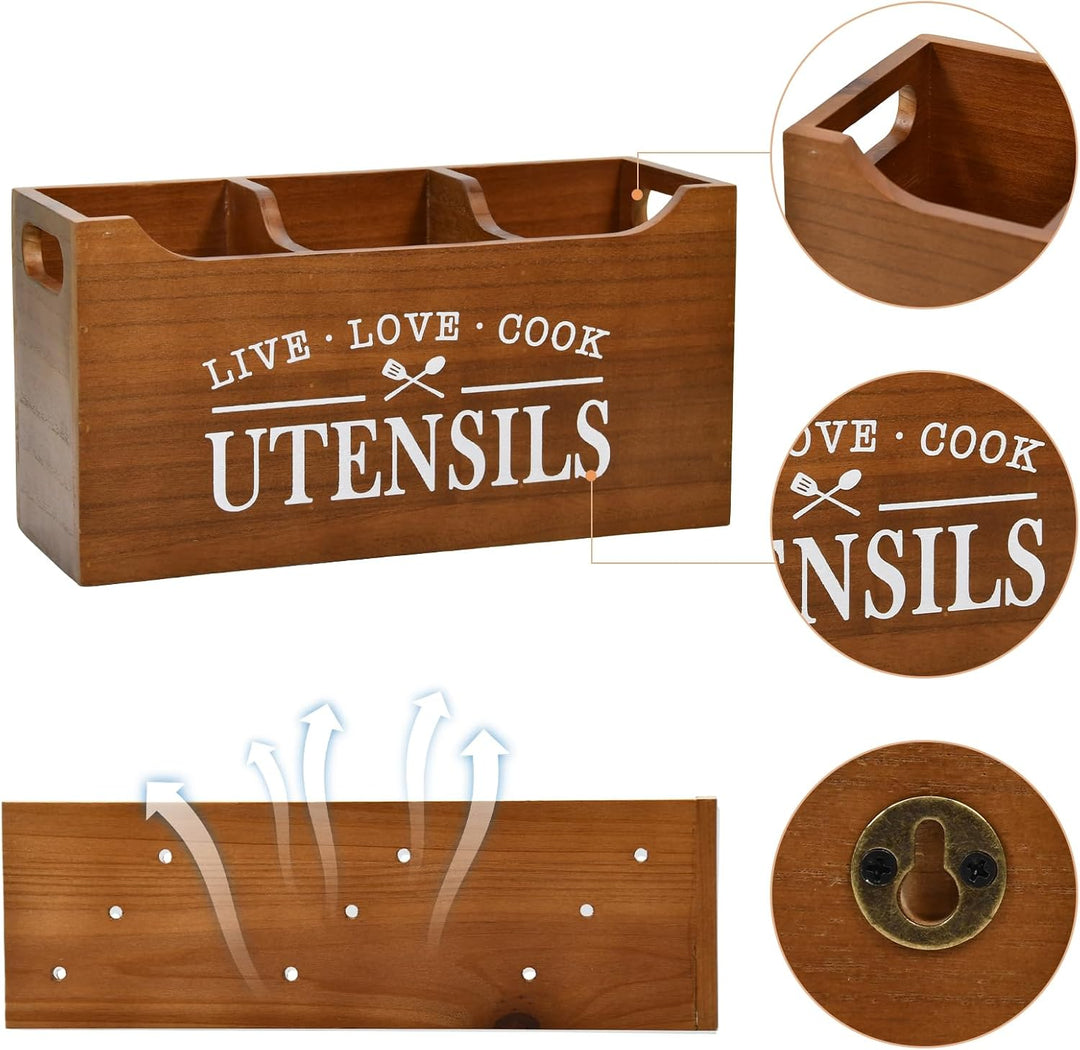 Karisky Kitchen Utensilhalter mit Drainageboden, grosse 3 Fächer fester echtes Holz Utensil Organize