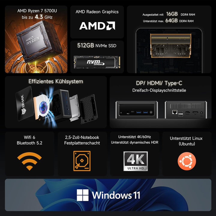 BMAX Mini PC, AMD Ryzen 7 5700U (8C/16T, bis zu 4,3 GHz), Mini-Computer 16 GB DDR4 512 GB NVMe SSD,