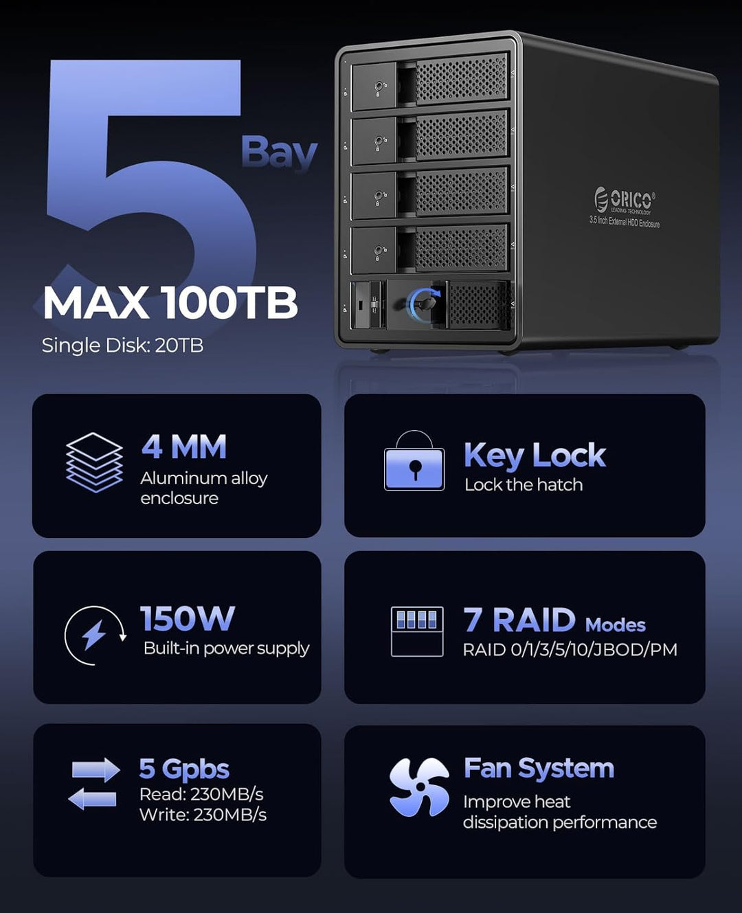 ORICO RAID 5 Bay Festplattengehäuse,USB 3.0 zu SATA Revision 3.0 Externes HDD Gehäuse für 3,5 Zoll H