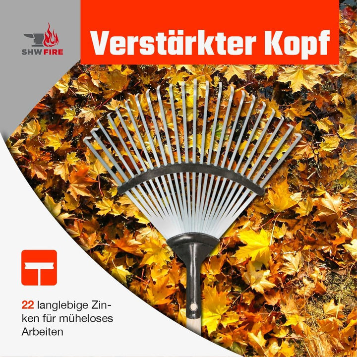 SHW-FIRE Profi Laubbesen verzinkt - Breiter, fest montierter Besen mit 22 Zinken und ergonomischem S