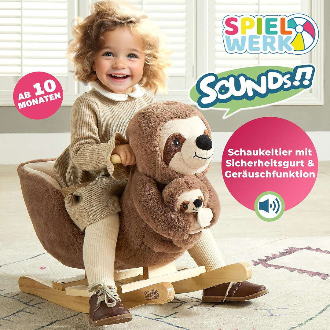 Spielwerk® Schaukeltier Faultier mit Babyfaultier inkl. Sound Effekt Sicherheitsgurt Plüsch Schaukel