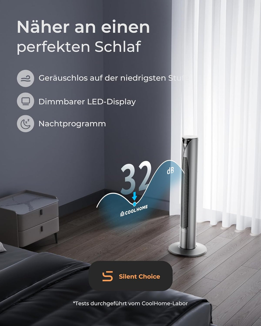 CoolHome CF2206 Turmventilator - Ventilator mit Fernbedienung - 96 CM - Dimmbares LED Display - Grau