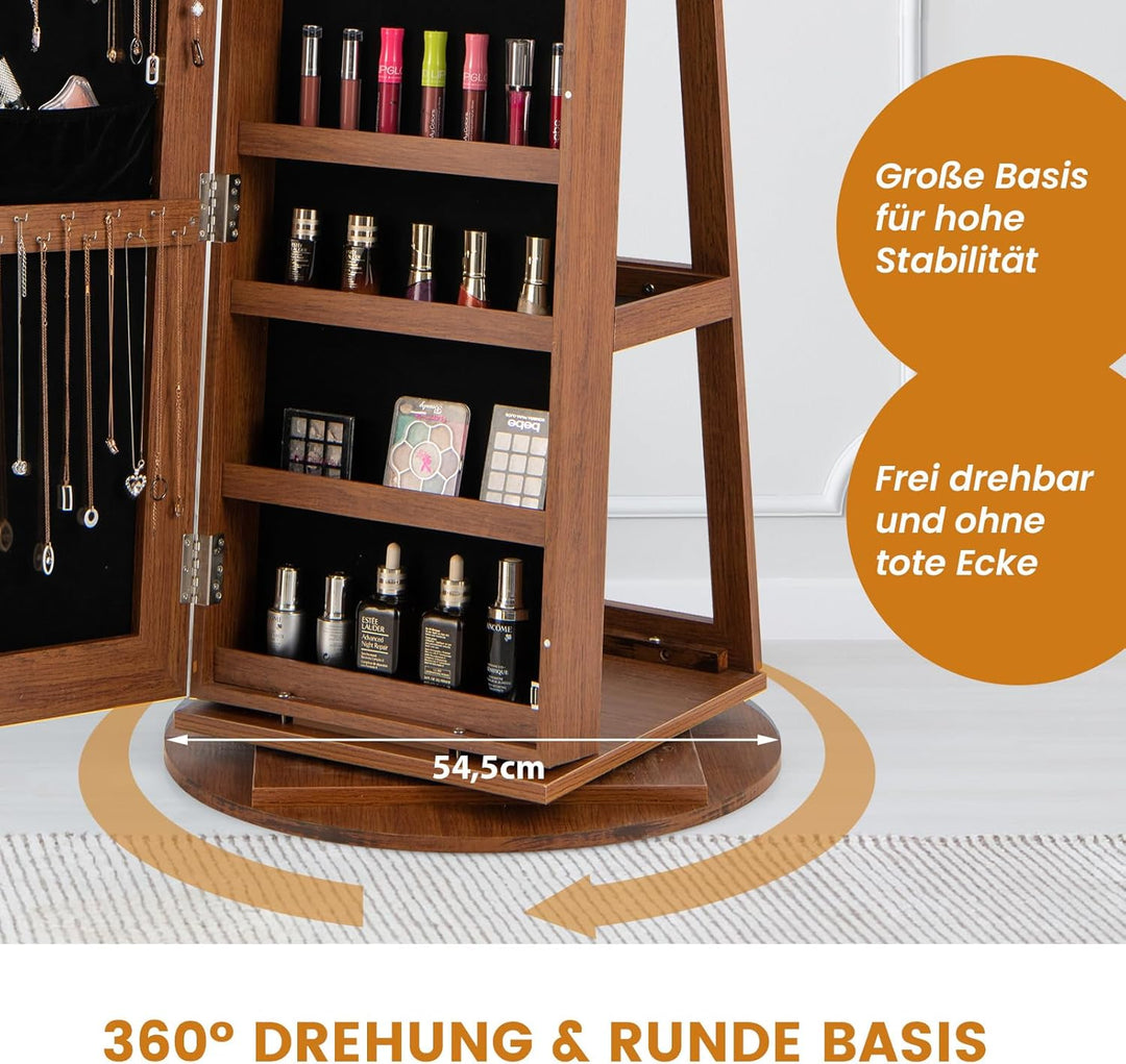 COSTWAY Schmuckschrank mit LED, Spiegelschrank 360° drehbar, mit rahmenlosem Ganzkörperspiegel, Schm