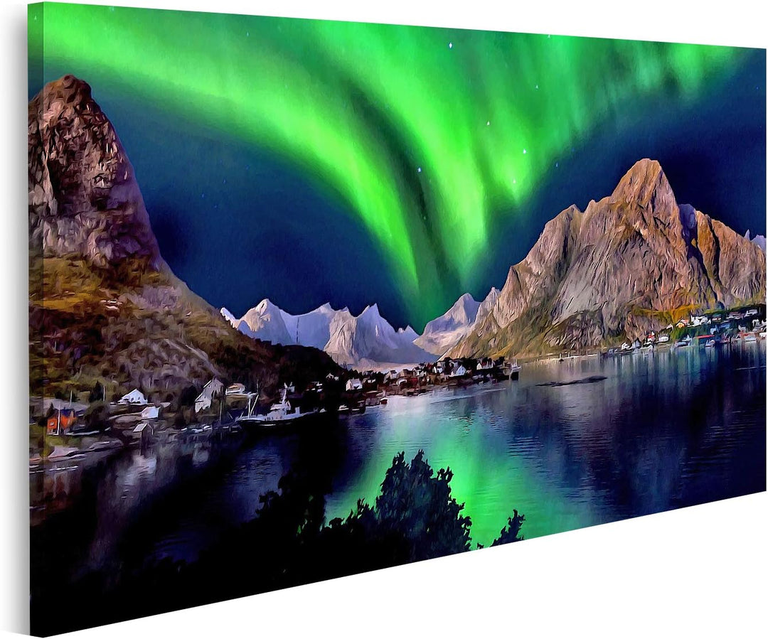 islandburner Bild auf Leinwand Bergsee Landschaft Natur Landschaft Nachthimmel Nordlichter Über Berg