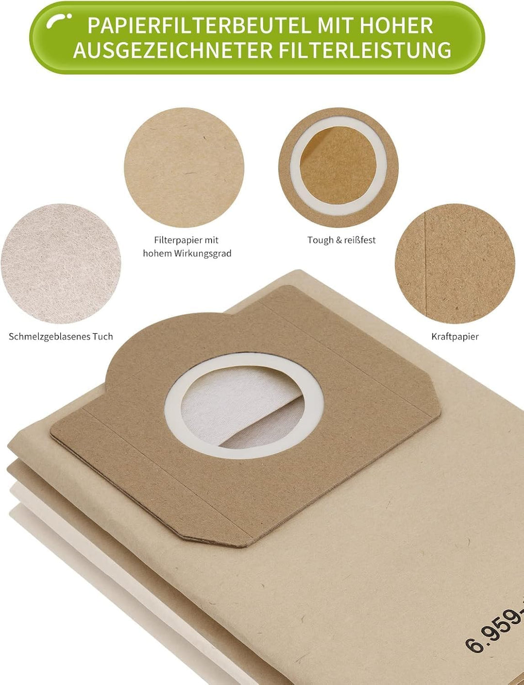 15 Stück Papierfilterbeutel für Kärcher 6.959-130.0, WD3 Staubsaugerbeutel Papier Filtertüten Beutel