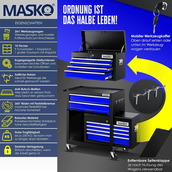 MASKOยฎ Werkstattwagen inkl. Koffer - 9 Fรคcher Abschliessbar | Massives Metall | Mobiler Werkzeug-Wag