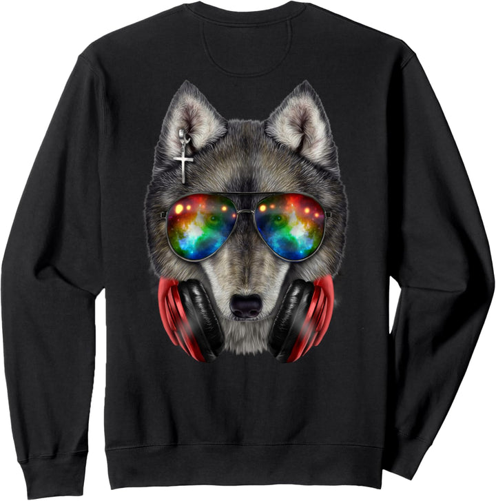 Grauer Wolf, die Raumsonnenbrille und Kopfhörer trägt Sweatshirt