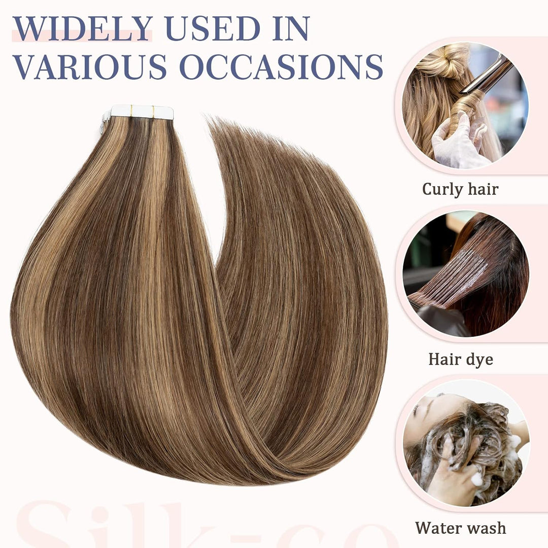 Silk-co Tape Extensions Echthaar 20stk, Haarverlängerung Tape in Extensions Echthaar, Remy Haarexten