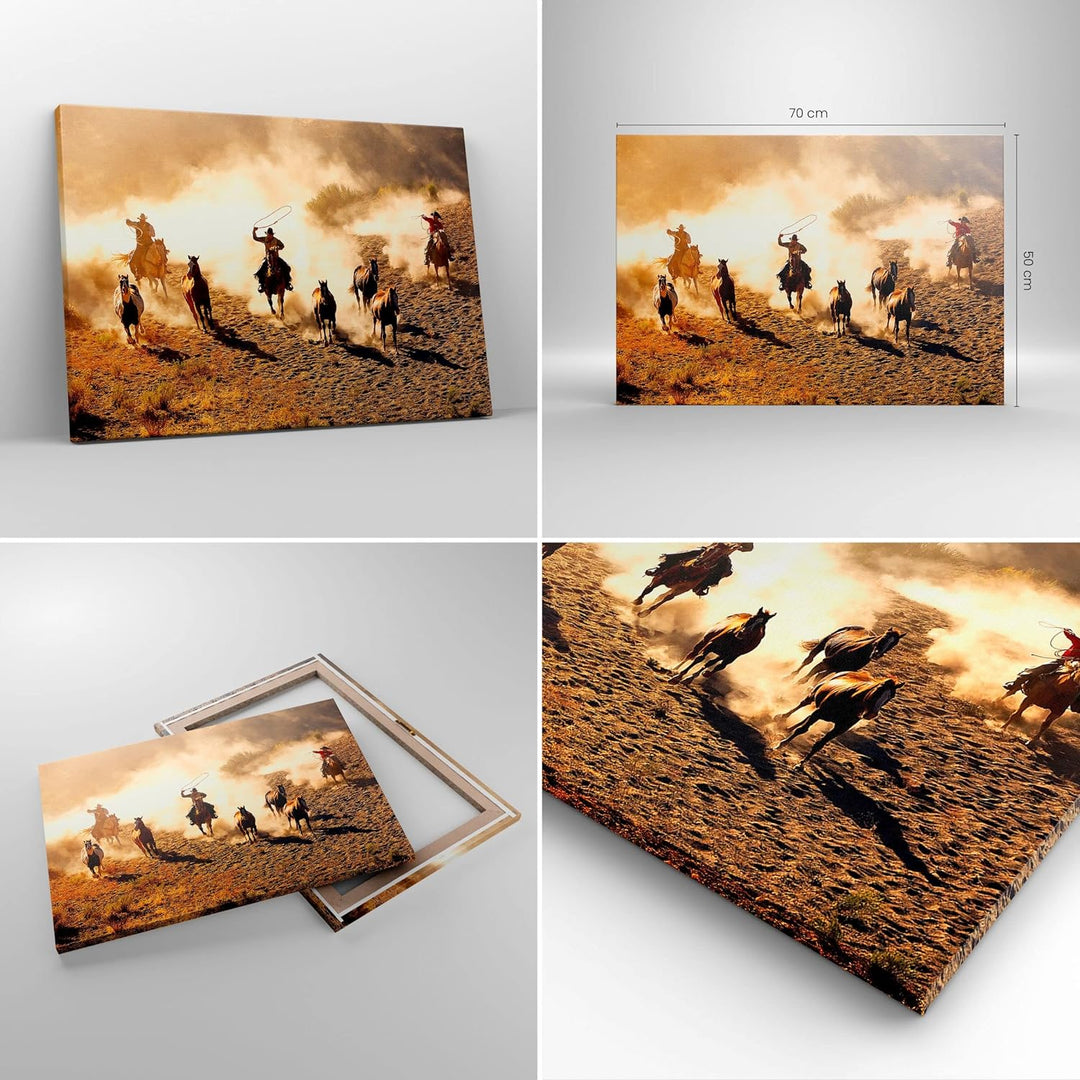 ARTTOR Bilder auf Leinwand Cowboys Pferde Galopp Leinwandbild 70x50cm Wandbilder Dekoration Wohnzimm