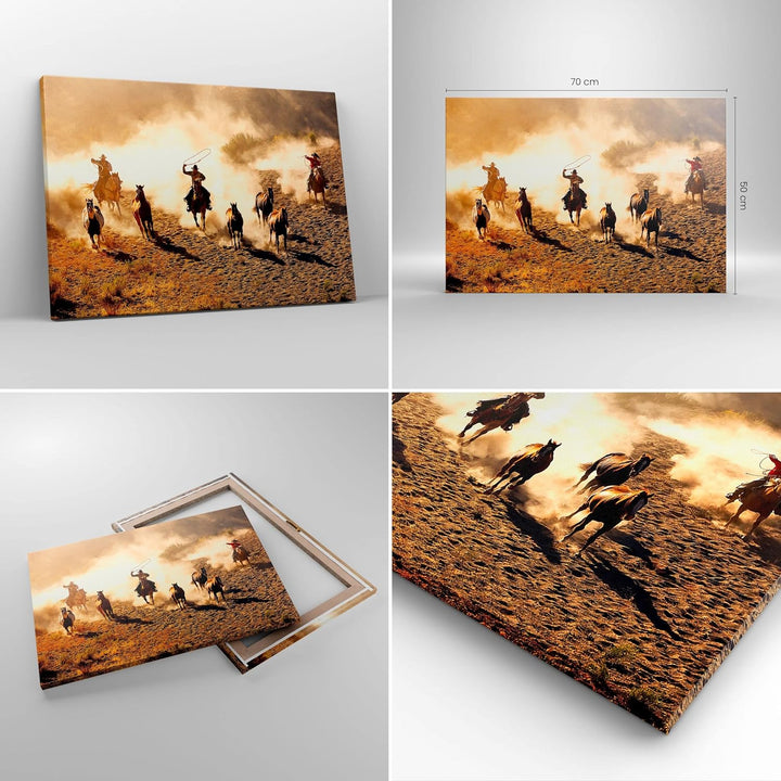 ARTTOR Bilder auf Leinwand Cowboys Pferde Galopp Leinwandbild 70x50cm Wandbilder Dekoration Wohnzimm