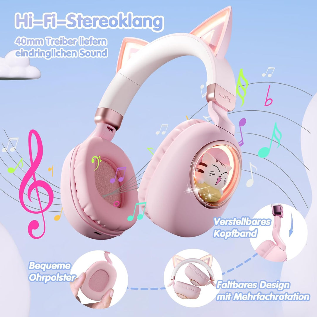 sunvito Kinder Kopfhörer Bluetooth 5.4, LED Beleuchtetes Katzenohr, Faltbarer Over-Ear Kopfhörer mit
