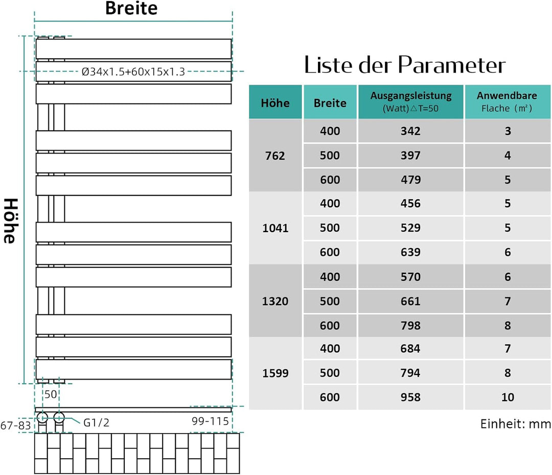 EMKE Badheizkörper 104x50 cm, Handtuchheizkörper Seitenanschlusss Handtuchwärmer Badheizkörper Handt