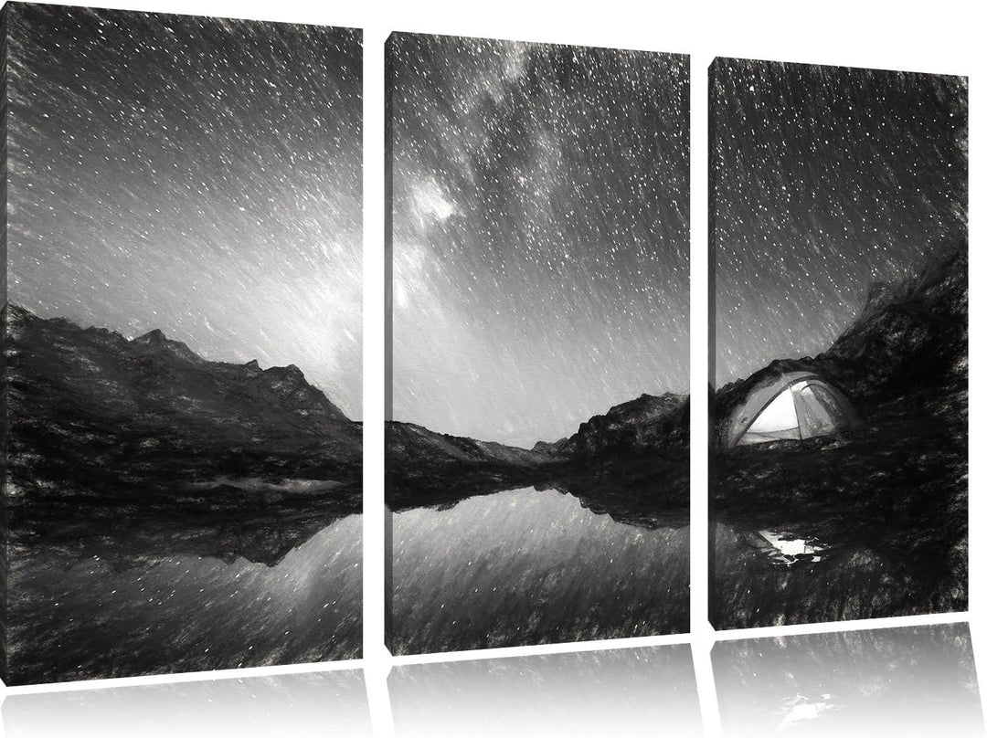 Pixxprint Zelten unter tausenden Sternen / 3-Teilig/Gesamtmass 120cm Leinwandbild bespannt auf Holzr