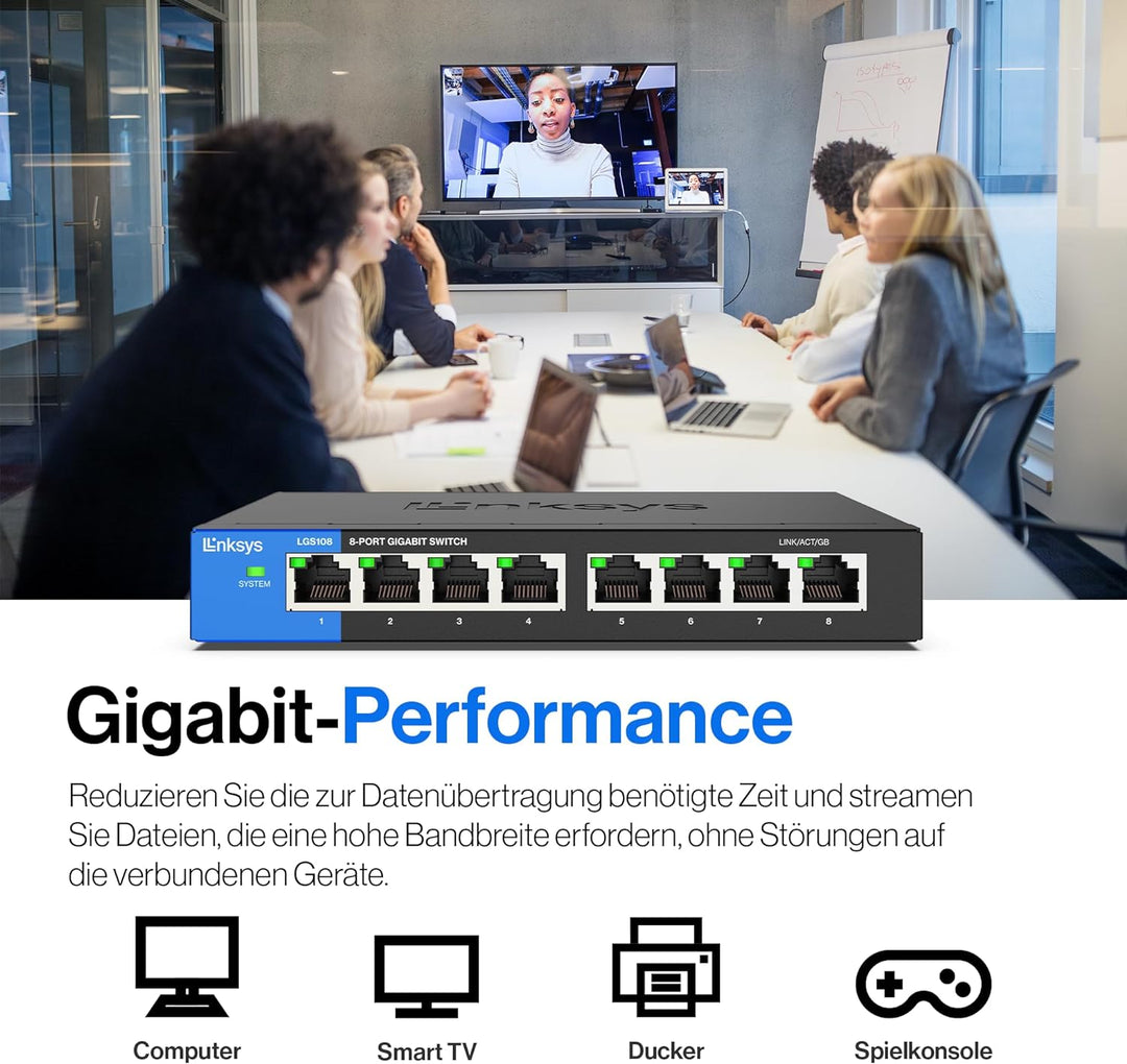 Linksys LGS108-EU 8-Port Unmanaged Gigabit-Netzwerk-Switch – Ethernet-Switch/Hub mit Metallgehäuse,