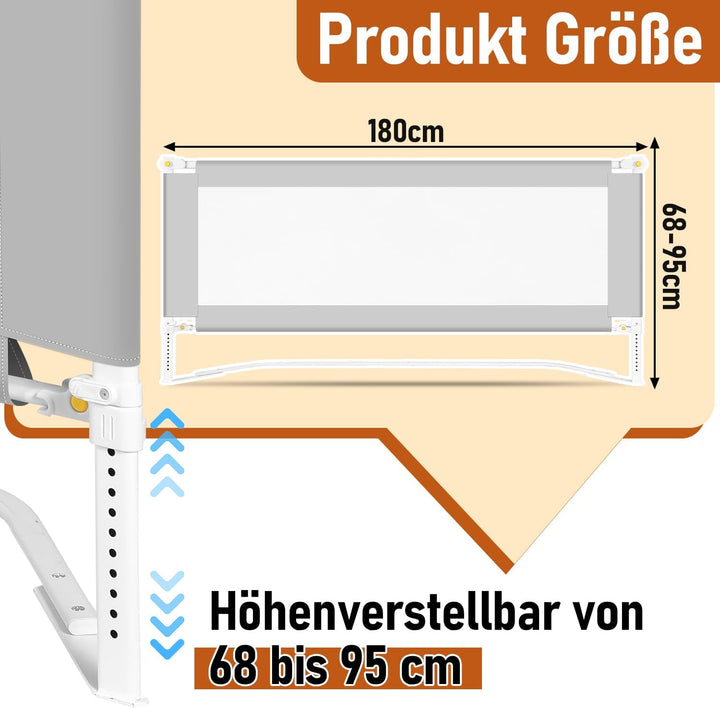 Ansobea 180cm Bettgitter|Kinderbettschutz mit U-förmige Füsse|Kinderbettgitter Faltbar|Bettschutzgit