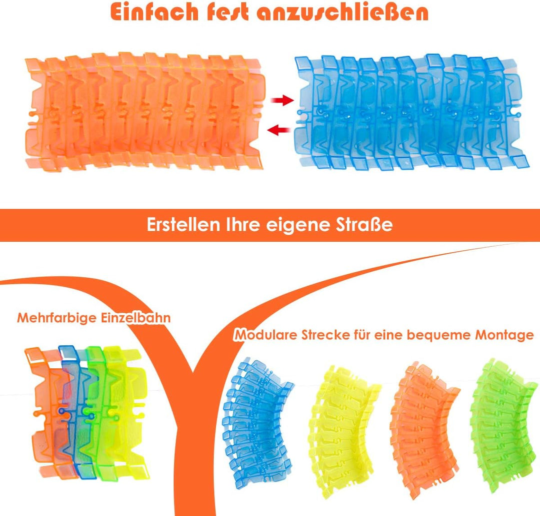 COSTWAY Leuchtendes Rennbahn Set mit 366 STK. Gleisblöcke, 5 STK. Achterbahngleisblöcke, 1 Kreuzung