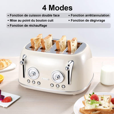 Wiltal Toaster 4 Scheiben, Toaster Langschlitz, Edelstahl Gehäuse, mit Integrierten Brötchenaufsatz,