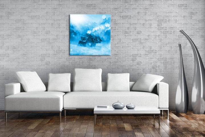 deyoli verschneite Berghütte Format: 70x70 Effekt: Monocrome Blau als Leinwand, Motiv fertig gerahmt