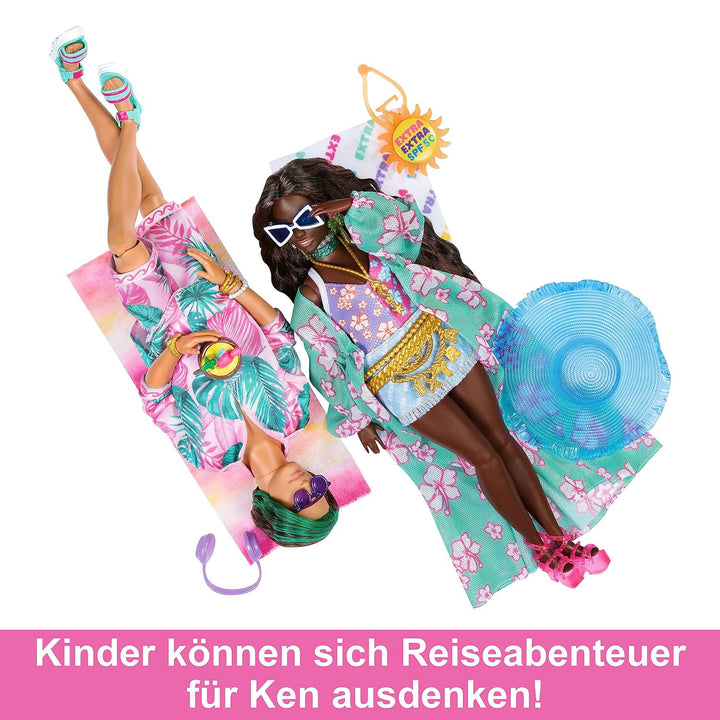 Barbie Extra Fly - Ken Reisepuppe mit tropischem Outfit, Boogie Board, Seesack und Zubehör für kreat