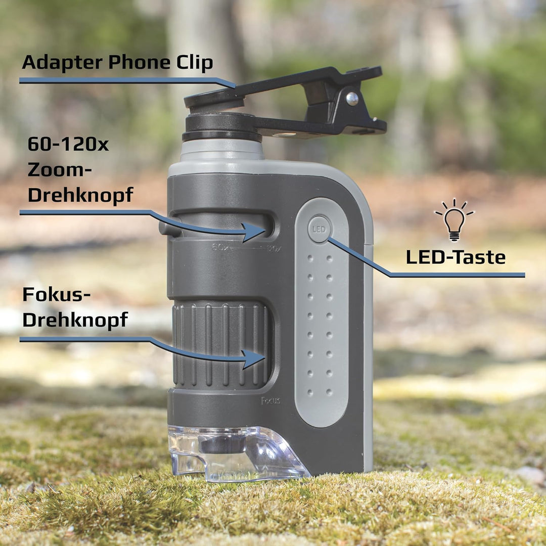 Carson MicroBrite Pro 60x-120x LED Taschenmikroskop mit asphärischem Linsensystem und Smartphone-Ada
