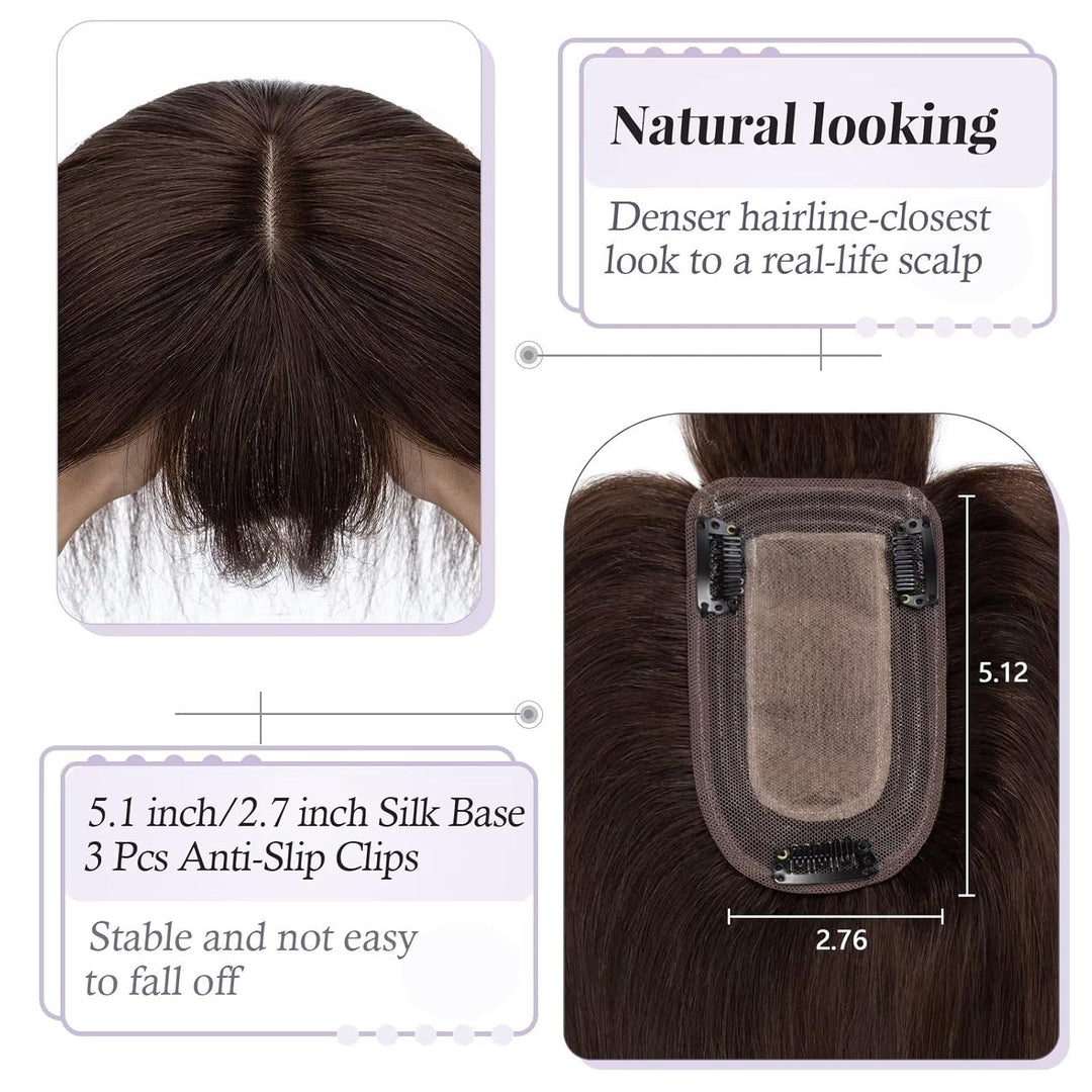 TESS Hair Topper Echthaar Braun, 7x13cm Basis Toupet Damen #2 Dunkelbraun mit Pony Haartopper Echtha