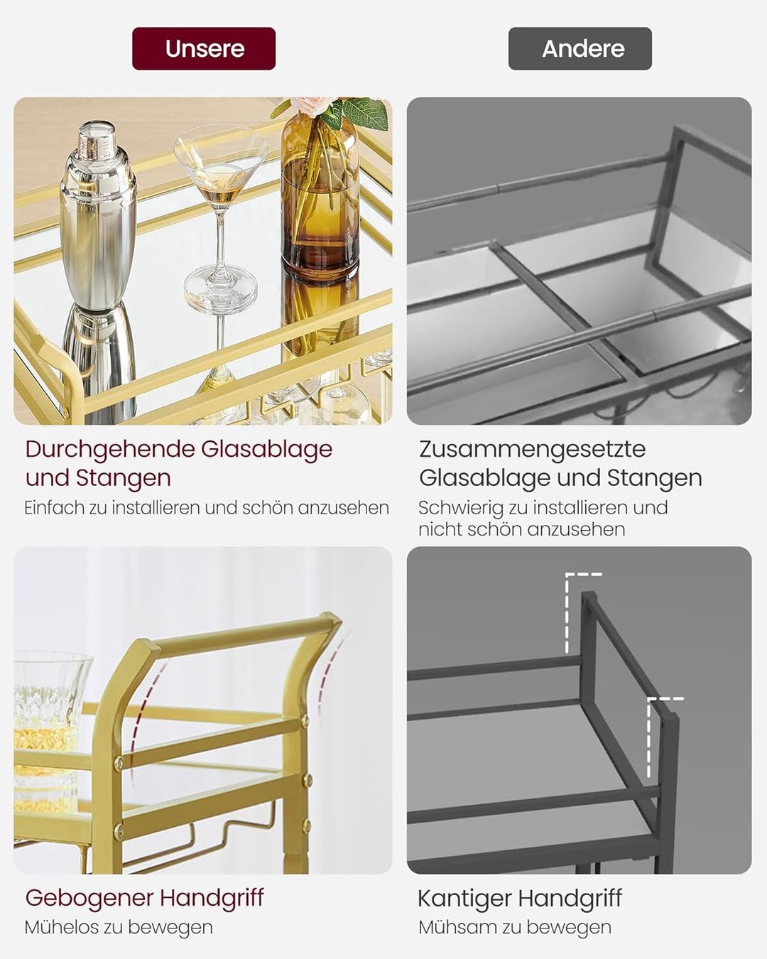 VASAGLE Servierwagen, 3 Ebenen, Rollwagen, mit Rollen, Griffen, verspiegelte Glasablagen, für kleine