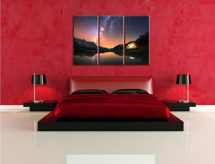 Pixxprint Zelten unter tausenden Sternen als Leinwandbild | Grösse: 3 Teilig (120x80) | Wandbild| Ku