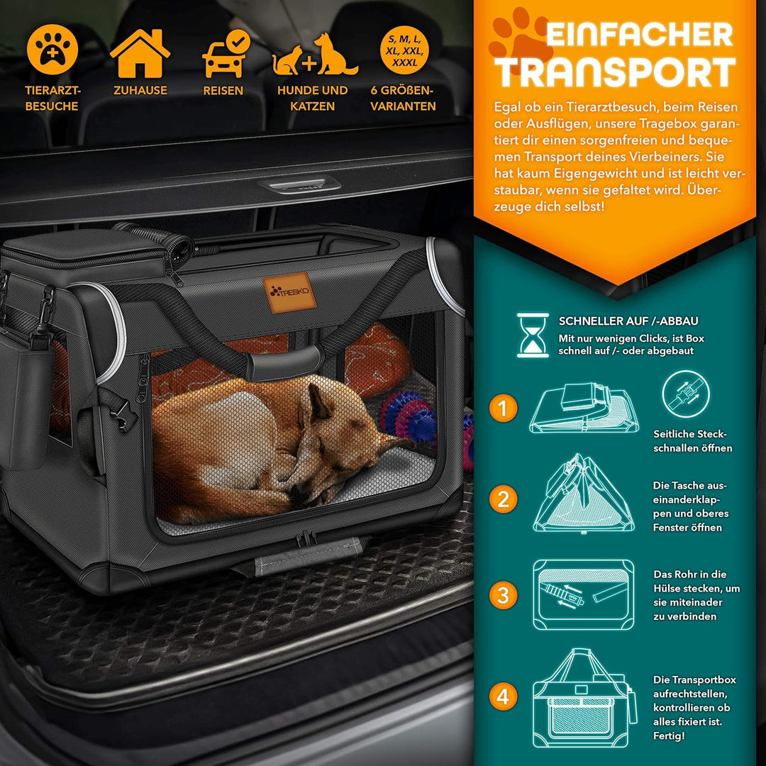 TRESKOยฎ Hundebox faltbar inkl. Leckmatte, Spatel & Reflektoren S 50x34x34cm | Transportbox fรผr Hunde