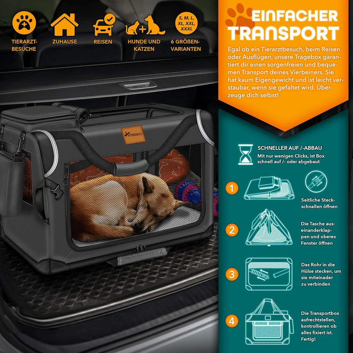 TRESKOยฎ Hundebox faltbar inkl. Leckmatte, Spatel & Reflektoren S 50x34x34cm | Transportbox fรผr Hunde