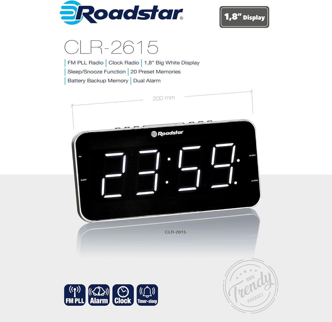 Roadstar CLR-2615 Uhrenradio/Radiowecker im schlanken Design, mit grossem LED-Display, Zwei Weckzeit