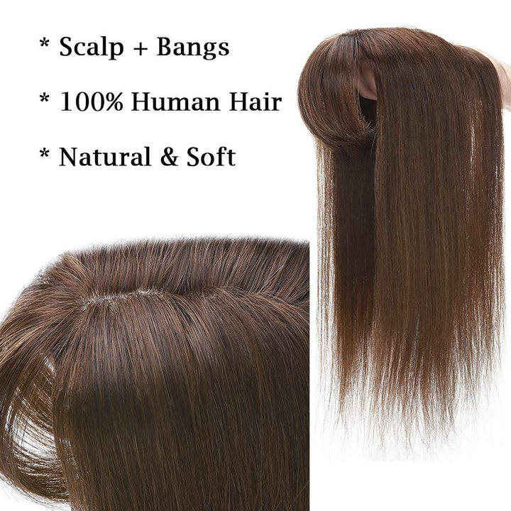 Silk-co Hair Topper Echthaar mit langem Pony, Toupet Damen 10x12cm Basis, Haartopper Echthaar mit Re