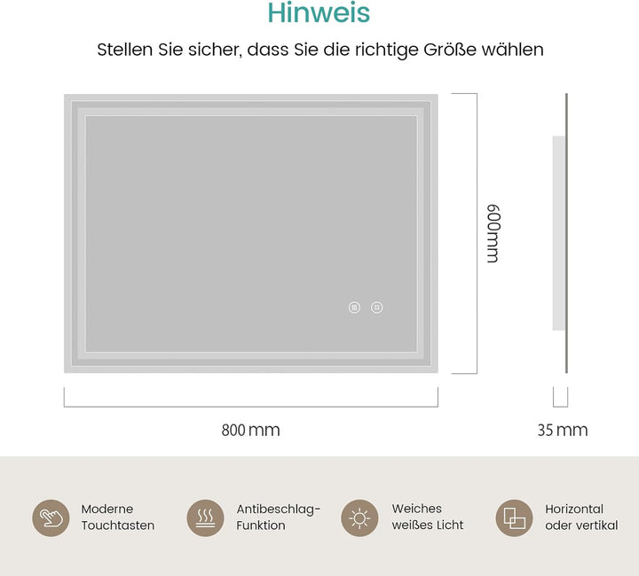 EMKE Badspiegel mit Beleuchtung 80x60cm kaltweiss dimmbar mit beschlagfrei, Touch, Speicherfunktion,