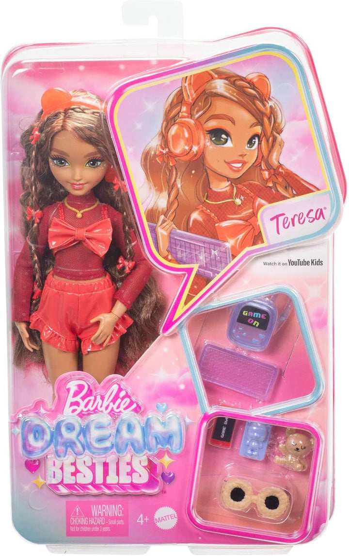 Barbie Dream Besties Puppe und Accessoires, bewegliche Teresa-Modepuppe mit braunem Haar und Haarspa