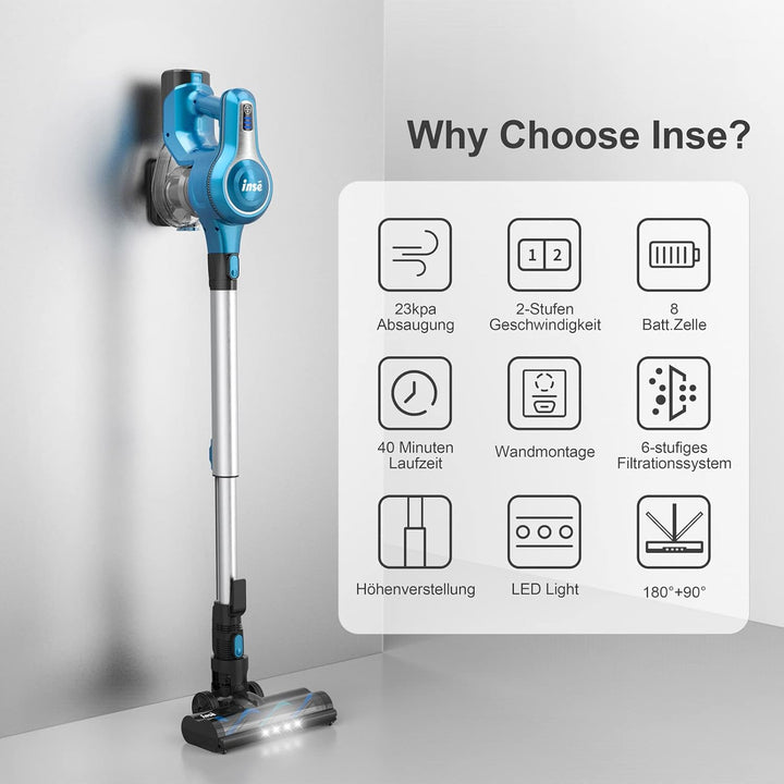 INSE Akku Staubsauger 25KPa Kabelloser Staubsauger Starke Saugleistung bis zu 45 Min Laufzeit, 1,2L