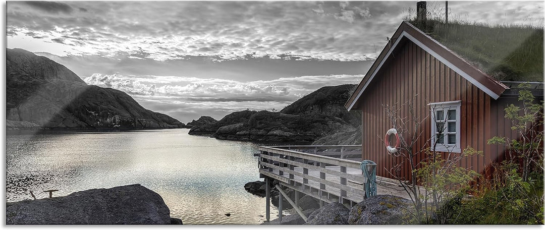 Glasbild Panorama | Wandbild aus Echtglas | Sonnenaufgang am Fjord Norwegens | 100x40 cm | inkl. Auf