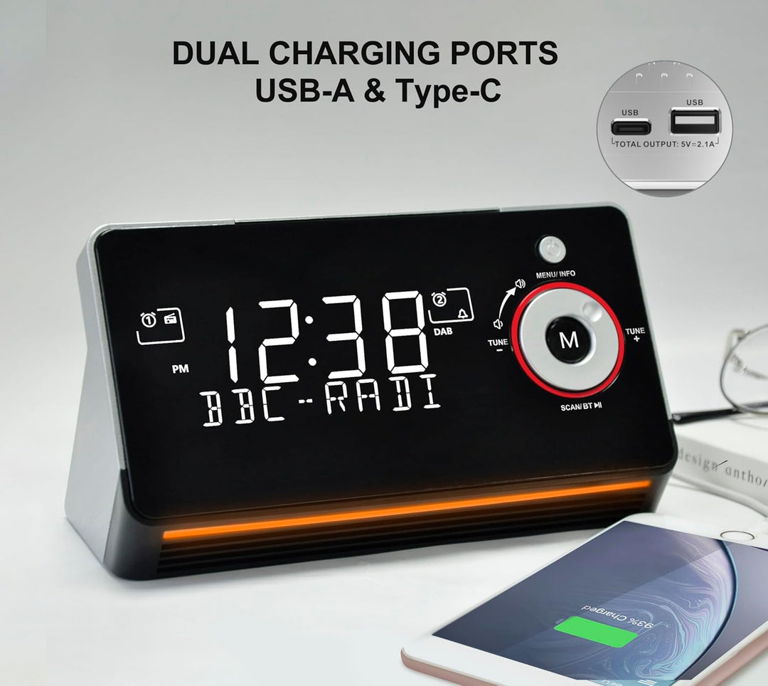 iTOMA FM/DAB Radiowecker mit USB-Ladeanschluss, Bluetooth Stereo Lautsprecher, Kopfhörerbuchse, Dual