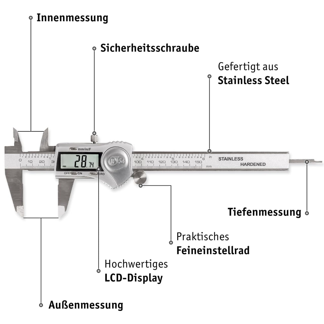 WALTER Schieblehre Digital, Messschieber Analog, Schieblehre, Messlehre, inkl. Knopfbatterie 3V, Ede