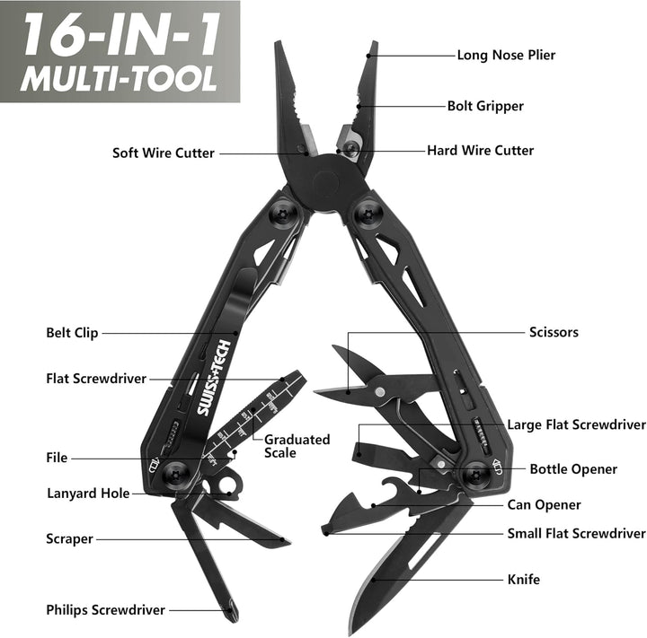 Swiss+Tech Multitool 16 in 1, Multifunktionszange Edelstahl Faltbares Multifunkstionswerkzeug Multif