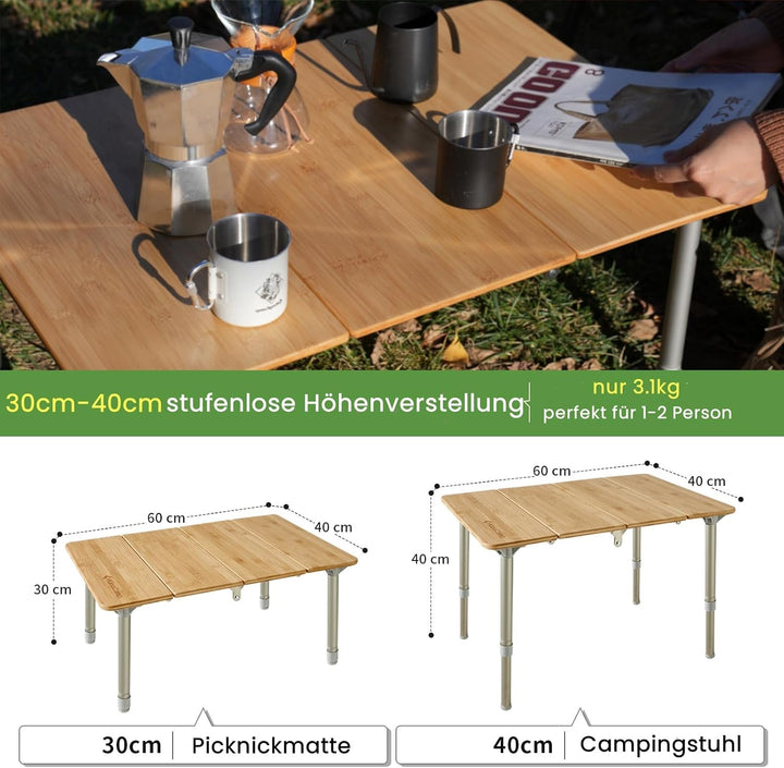 KingCamp Falten Bambus Campingtisch Klapptisch Verstellbare Höhe Aluminiumrahmen für Outdoor Camping