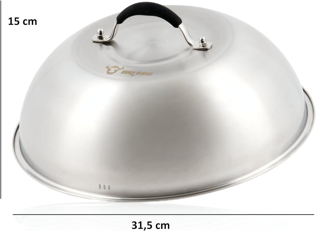 BBQ-Toro Edelstahl Wärmeglocke mit Gusseisen Fleischbeschwerer | Ø 31,5 cm | Burger Glocke mit Fleis