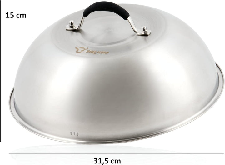BBQ-Toro Edelstahl Wärmeglocke mit Gusseisen Fleischbeschwerer | Ø 31,5 cm | Burger Glocke mit Fleis