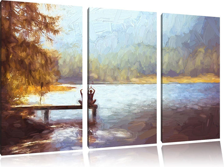Pixxprint Yoga am See Kunst als Leinwandbild/Grösse: 3 Teilig (120x80) / Wandbild/Kunstdruck/fertig