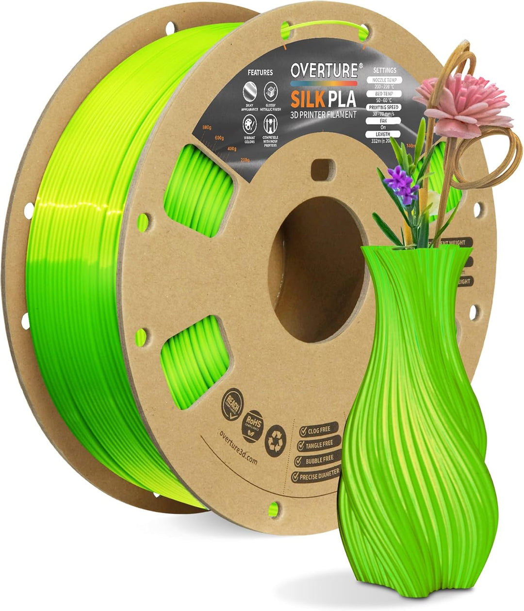OVERTURE Silk PLA PLA Filament, 1,75 mm Verbrauch, 1 kg Filament (2,2 lbs), Massgenauigkeit 99% Wahr