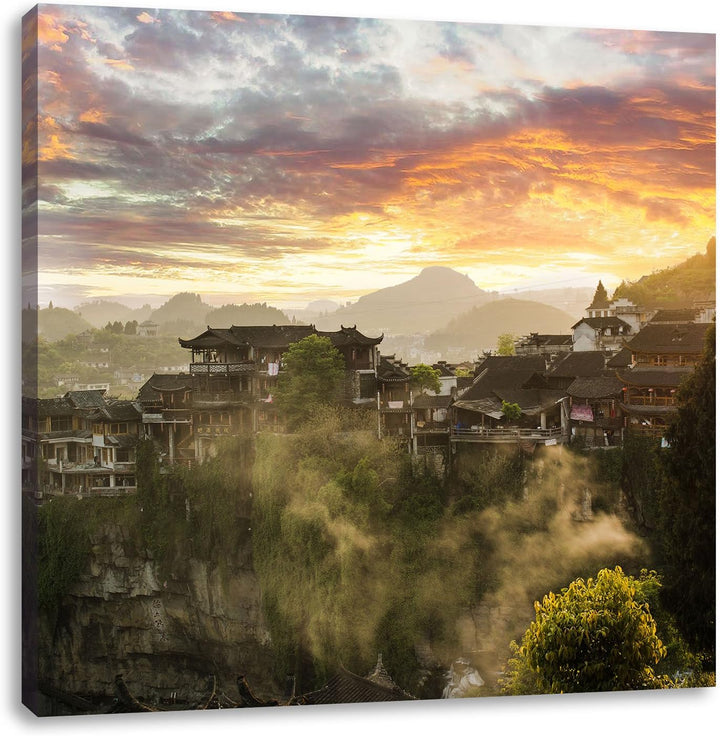 Gigantisches Dorf in China, Format: 70x70 auf Leinwand, XXL riesige Bilder fertig gerahmt mit Keilra